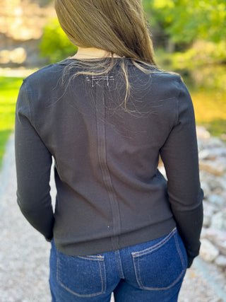 Back view of a charcoal long sleeve ribbed henley top | V-Rae's Boutique