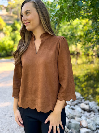 Cognac scalloped bell sleeve blouse with a ruffle split neckline | V-Rae's Boutique