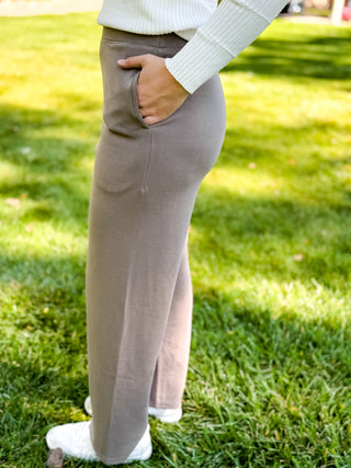 Side view of taupe scuba high waist wide leg pants | V-Rae's Boutique