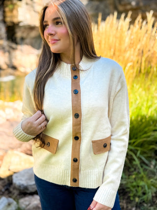 Cream suede-trim pocket cardigan worn with dark jeans | V-Rae's Boutique