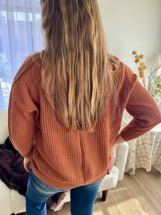 Person wearing a brown sweater in a living room setting
