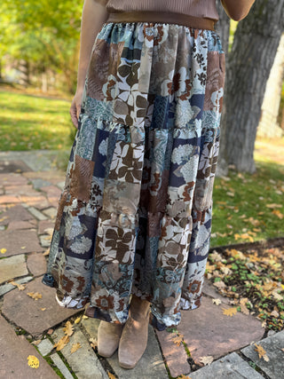 Patchwork floral tiered maxi skirt with elastic waist and boots | V-Rae's Boutique