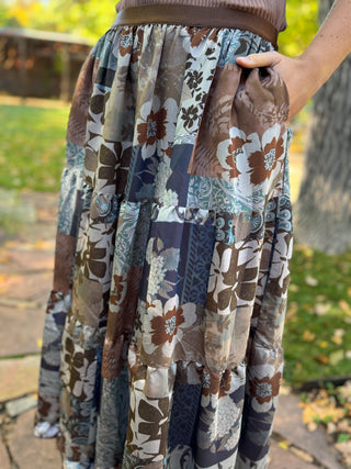 Close-up of the side pocket on a patchwork floral maxi skirt | V-Rae's Boutique