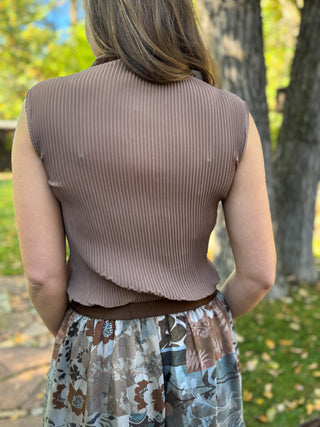 Back view of a mocha pleated high-neck shell top | V-Rae's Boutique
