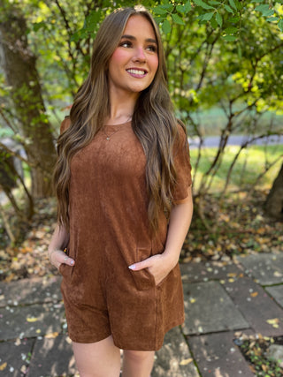 Cognac faux suede shift romper with side pockets | V-Rae's Boutique