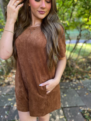 Side view of a cognac faux suede shift romper | V-Rae's Boutique
