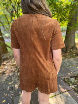 Back view of a cognac faux suede romper with keyhole | V-Rae's Boutique