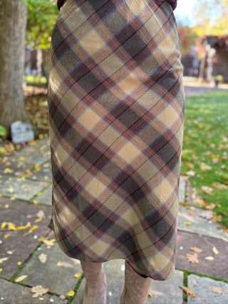 Front view of an olive, tan and burgundy plaid midi skirt | V-Rae's Boutique