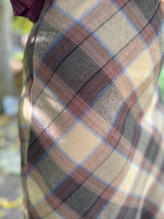 Close-up of the plaid pattern on an olive midi skirt | V-Rae's Boutique