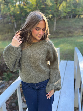 Olive fuzzy boat neck sweater with balloon sleeves | V-Rae's Boutique
