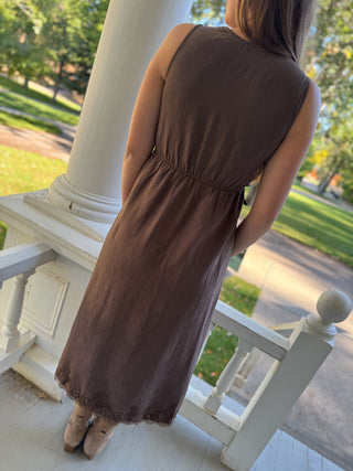 Back view of a brown lace wrap midi dress | V-Rae's Boutique