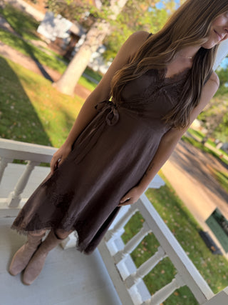 Brown sleeveless lace wrap midi dress with tie waist | V-Rae's Boutique