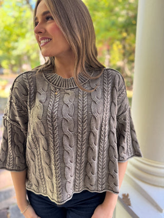 Charcoal washed cable knit sweater with dropped short sleeves | V-Rae's Boutique