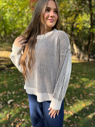 Relaxed fit black and cream two tone crewneck sweater | V-Rae's Boutique