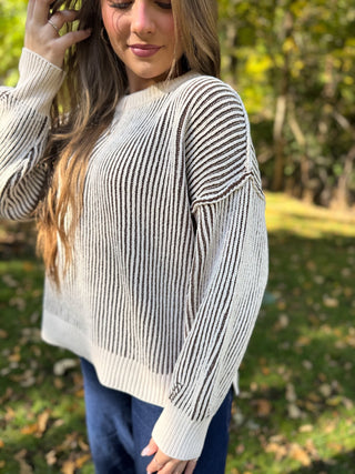 Close-up of the ribbed two tone knit on a crewneck sweater | V-Rae's Boutique