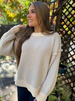 Cream and gray two tone crewneck sweater with dropped shoulders | V-Rae's Boutique