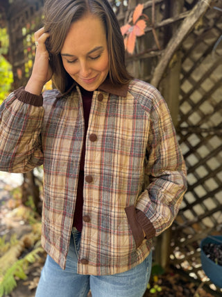 Tan plaid quilted jacket with button front and corduroy cuffs | V-Rae's Boutique