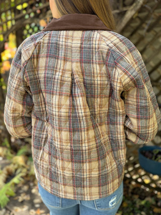 Back view of a tan plaid quilted jacket | V-Rae's Boutique