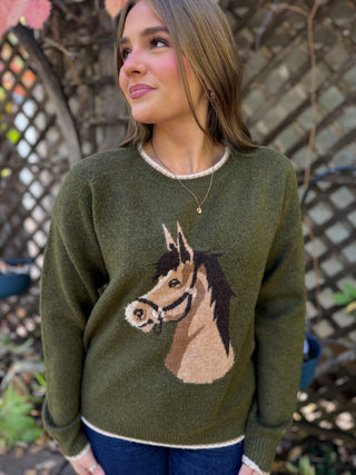 Olive knit sweater with brown horse head design and cream trim | V-Rae's Boutique