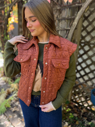 Rust quilted utility vest with collar and flap pockets | V-Rae's Boutique