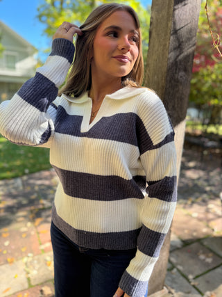 Cream and charcoal wide striped collared sweater with jeans | V-Rae's Boutique