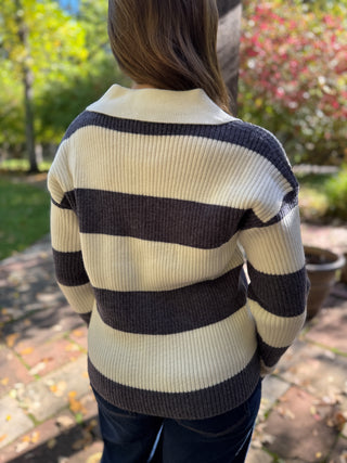 Back view of a cream and charcoal striped collared sweater | V-Rae's Boutique