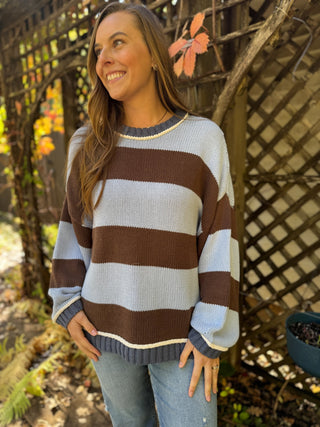 Brown and blue wide stripe knit sweater with cream tipping | V-Rae's Boutique