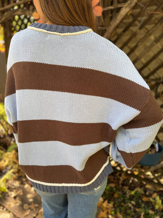Back view of a brown and light blue wide stripe sweater | V-Rae's Boutique