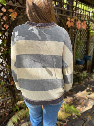 Back view of a gray and cream wide stripe crewneck sweater | V-Rae's Boutique