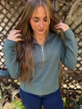 Slate blue half zip sweater with pointelle seam detail | V-Rae's Boutique
