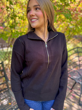 Black half zip pointelle sweater with gold zipper | V-Rae's Boutique