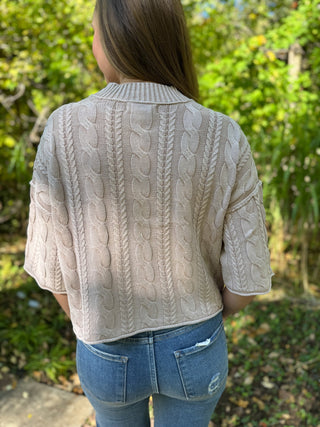 Back view of a stone washed cable knit short sleeve sweater | V-Rae's Boutique