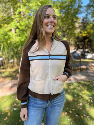 Retro stripe zip-up sweater with blue stripes and brown sleeves | V-Rae's Boutique