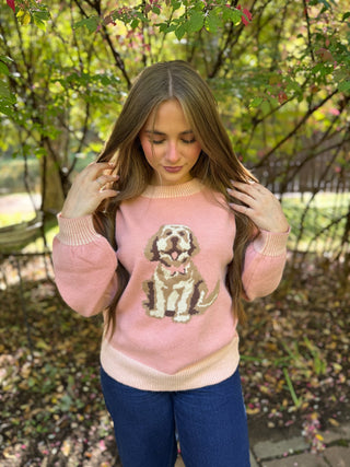 Pink knit sweater with a brown puppy and pink bow design | V-Rae's Boutique