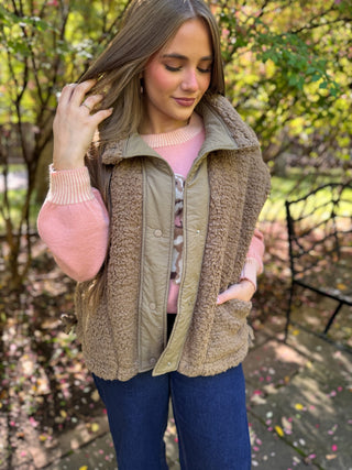 Taupe sherpa oversized vest with nylon placket and collar | V-Rae's Boutique