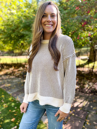 Black and cream two tone crewneck sweater with jeans | V-Rae's Boutique