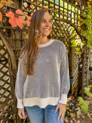 Black and cream two tone crewneck sweater with contrast hem | V-Rae's Boutique