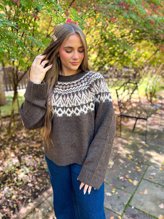 Woman in a brown fair isle crew neck sweater with cream yoke | V-Rae's Boutique