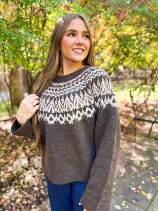 Brown fair isle crew neck sweater with jeans | V-Rae's Boutique