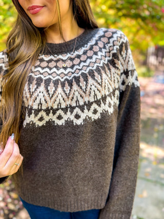 Close-up of the fair isle yoke pattern on a brown sweater | V-Rae's Boutique