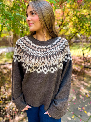Side view of a brown fair isle crew neck sweater | V-Rae's Boutique