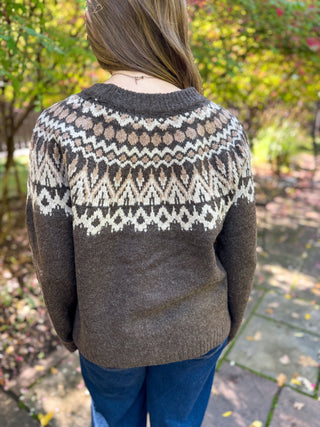 Back view of a brown fair isle crew neck sweater | V-Rae's Boutique
