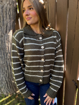 Olive striped collared cardigan with cream buttons and jeans | V-Rae's Boutique
