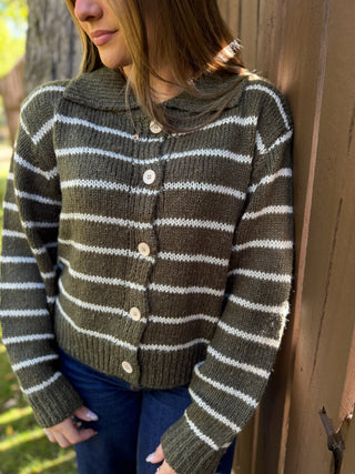 Close-up of an olive and cream striped collared cardigan | V-Rae's Boutique