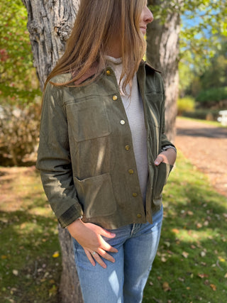Olive corduroy barn jacket with patch pockets and snap front | V-Rae's Boutique
