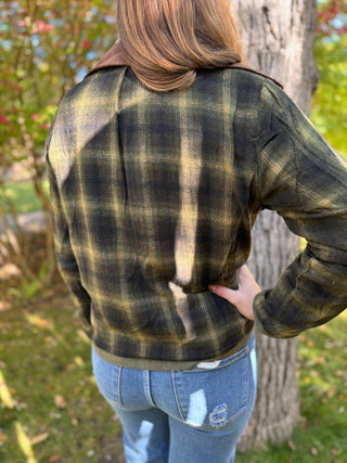 Back view of an olive plaid barn jacket | V-Rae's Boutique