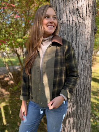 Olive barn jacket with plaid sleeves and corduroy collar | V-Rae's Boutique