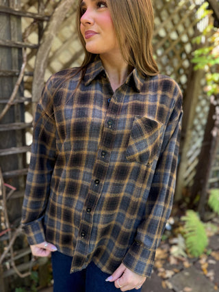 Navy and tan plaid flannel shirt with chest pocket | V-Rae's Boutique