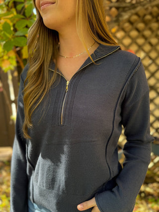 Close-up of a charcoal half zip pointelle sweater | V-Rae's Boutique