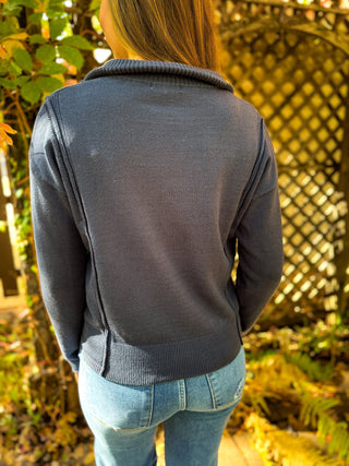 Back view of a charcoal half zip pointelle sweater | V-Rae's Boutique